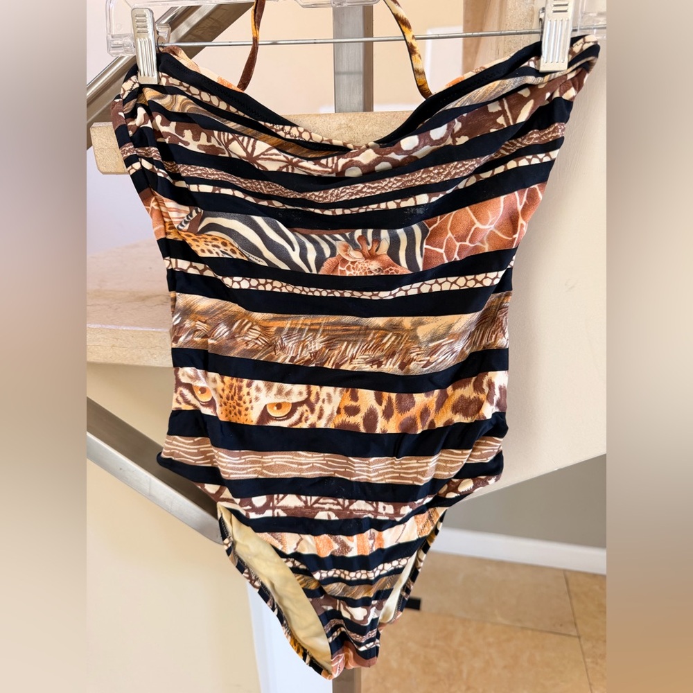 Vintage Salvatore Ferragamo Animal Print Black, Brown, Tan Swimsuit